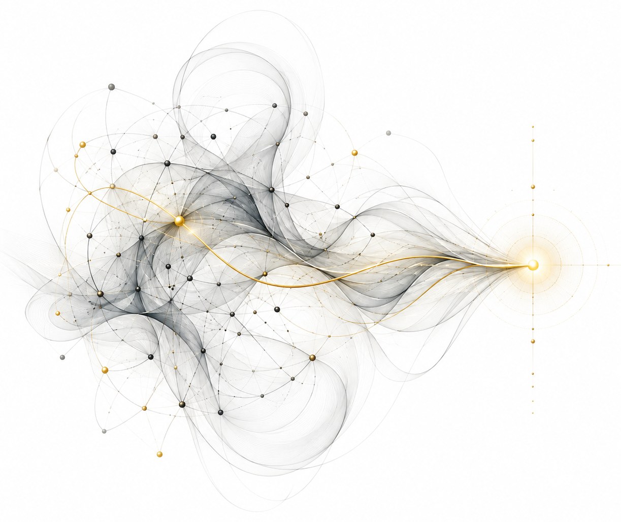 The logo: a dense, tangled network of nodes and flowing lines that resolves, along a golden thread, into a single point of light